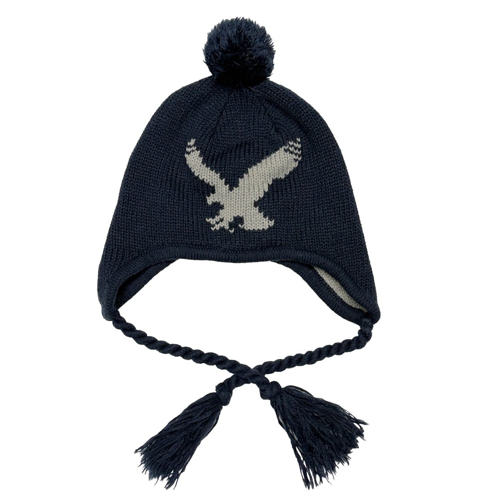 American Eagle Outfitters Knit Beanie Navy Hat Ear Flaps Braided Tassels